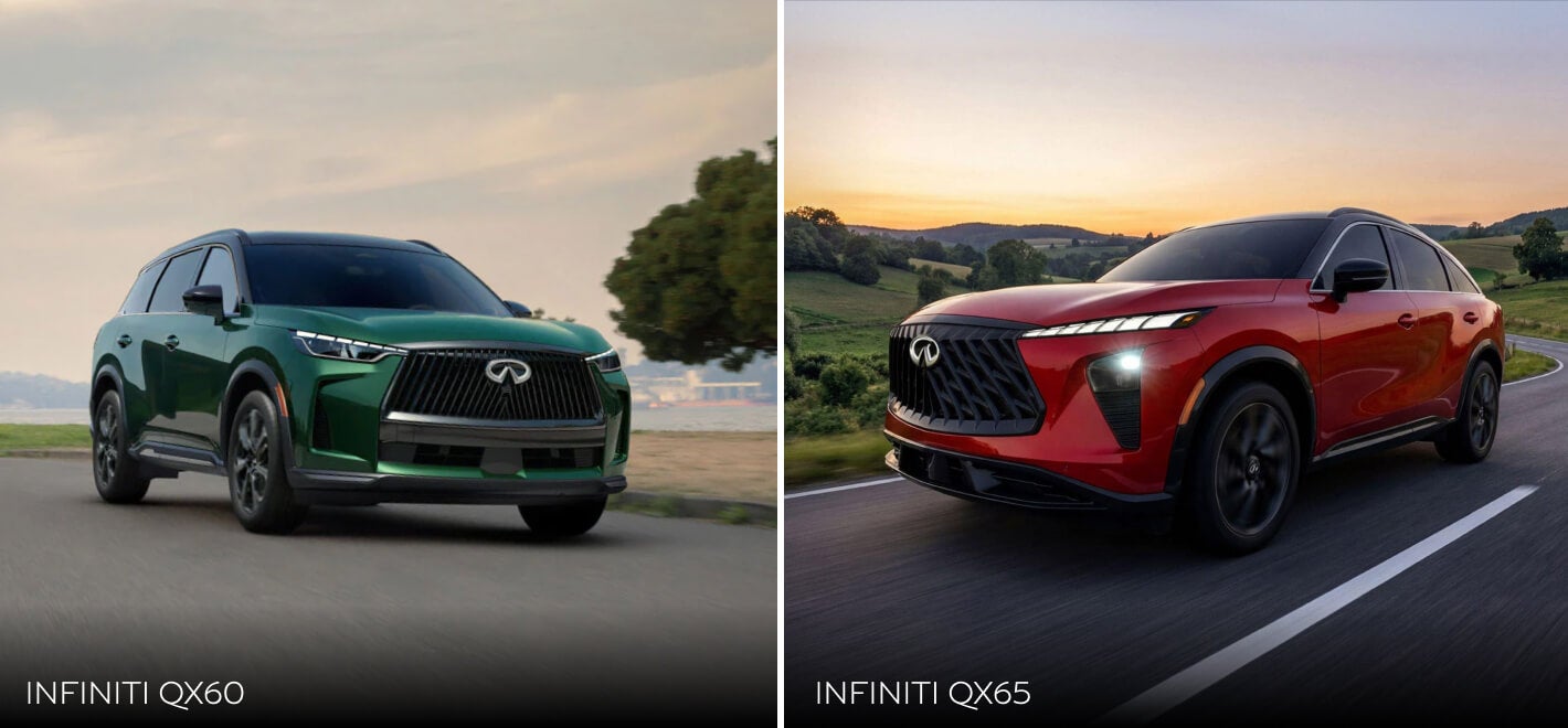 Front three-quarter views of a green 2027 INFINITI QX60 and a red 2027 INFINITI each driving down tree-lined highways.