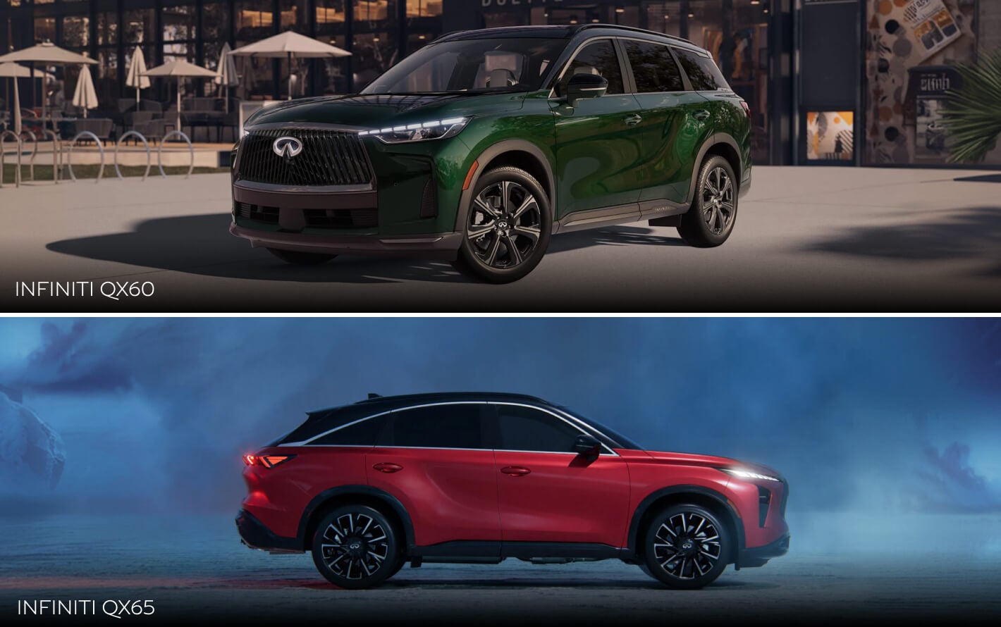 A front three-quarter view of a green 2027 INFINITI QX60 parked outside a cafe. A side view of a red 2027 INFINITI parked in a foggy parking lot.