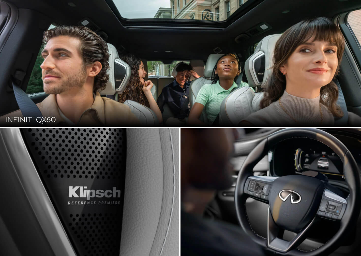 Interior close-up shots showing the 2027 INFINITI QX60 interior seating comfort and technology features.