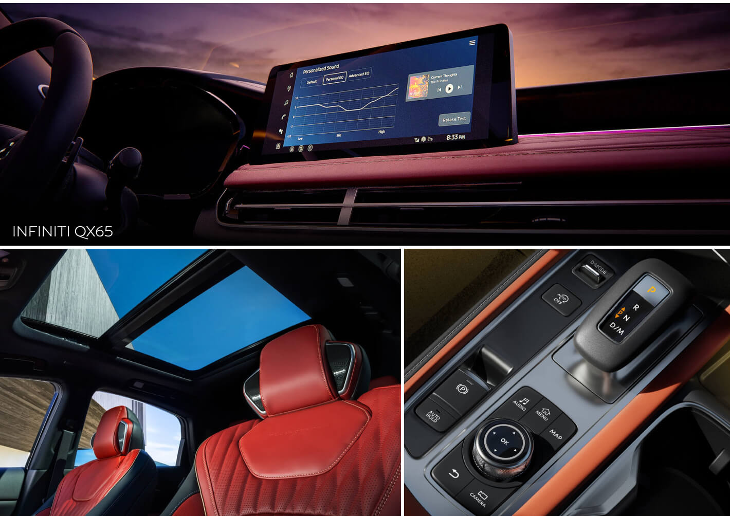 Interior close-up shots showing the 2027 INFINITI QX65 interior technology features.